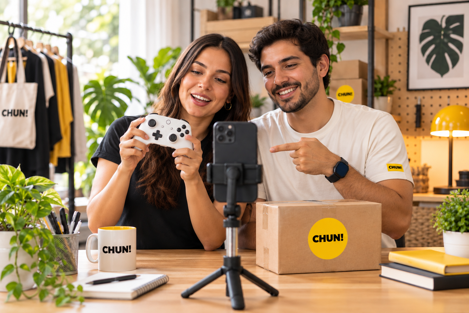 Dos creadores mostrando productos en un estudio con la marca CHUN