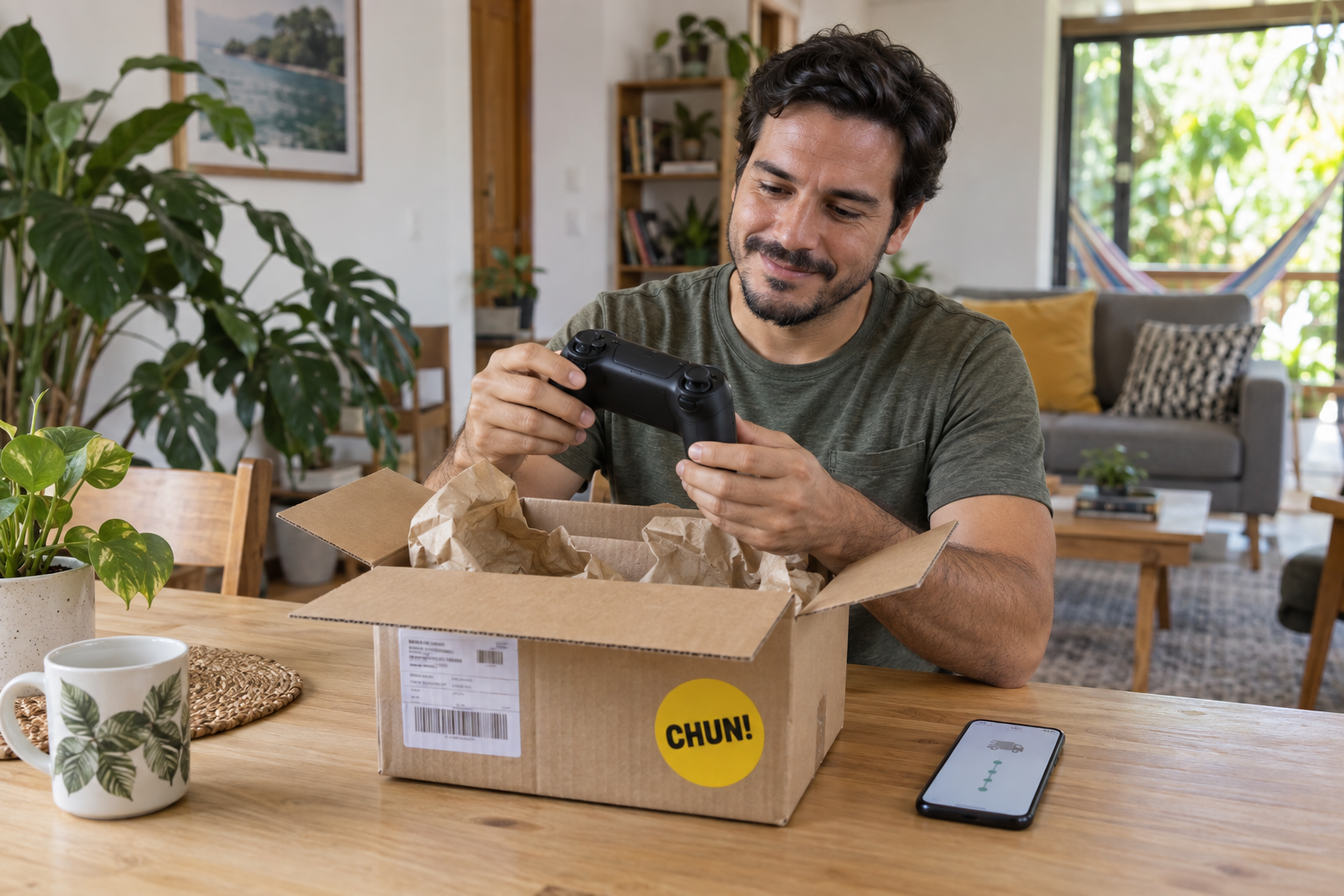 Escena ilustrativa de un comprador revisando el artículo recibido